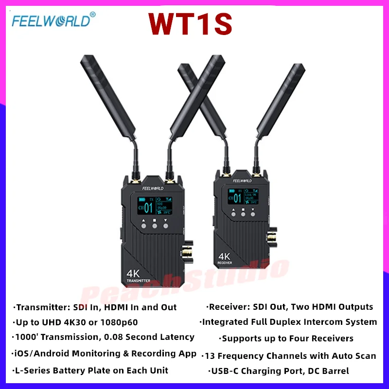 FEELWORLD WT1S 4K 무선 비디오 전송 시스템 SDI / 듀얼 HDMI 풀 듀플렉스 인터콤 라이브 스트리밍용 522,120원