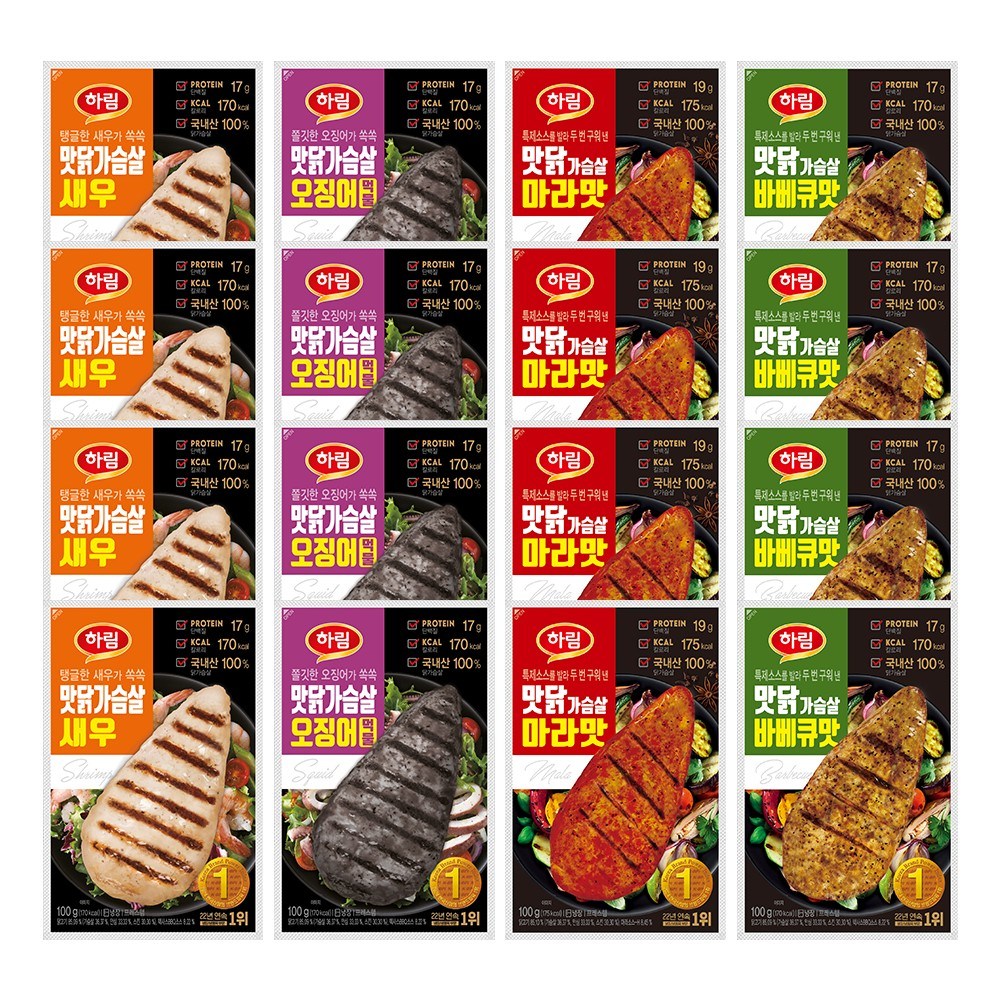 하림 맛닭가슴살 4종 100g(바베큐+마라+새우+오징어)각 4봉씩 32,500원
