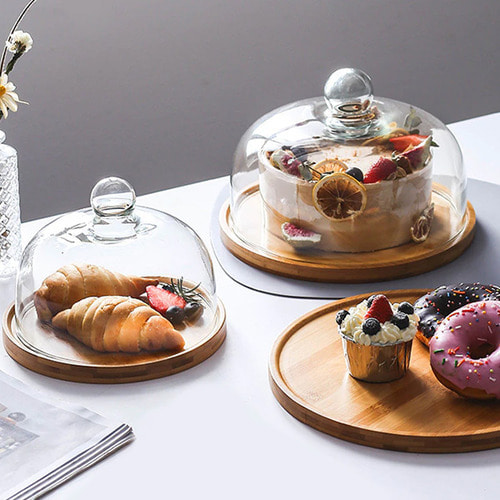북유럽풍 유리 돔 케이크 케익 원목 빵 트레이 베이커리 덮개 케이스 진열 우드 보관함, 1개 41,500원