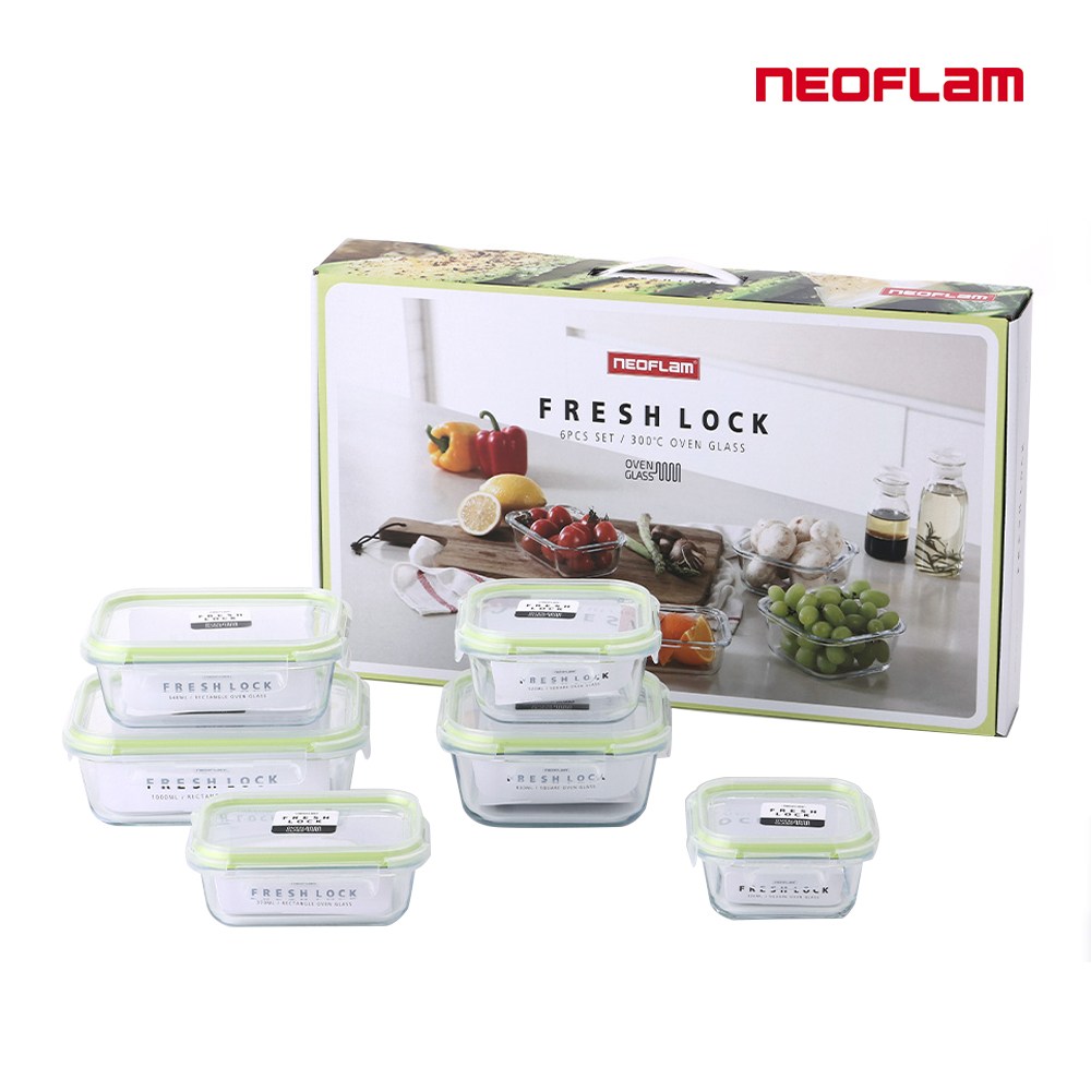 네오플램 프레시락 내열유리 밀폐용기 6종 세트 (전자렌지,오븐 사용가능) 43,000원