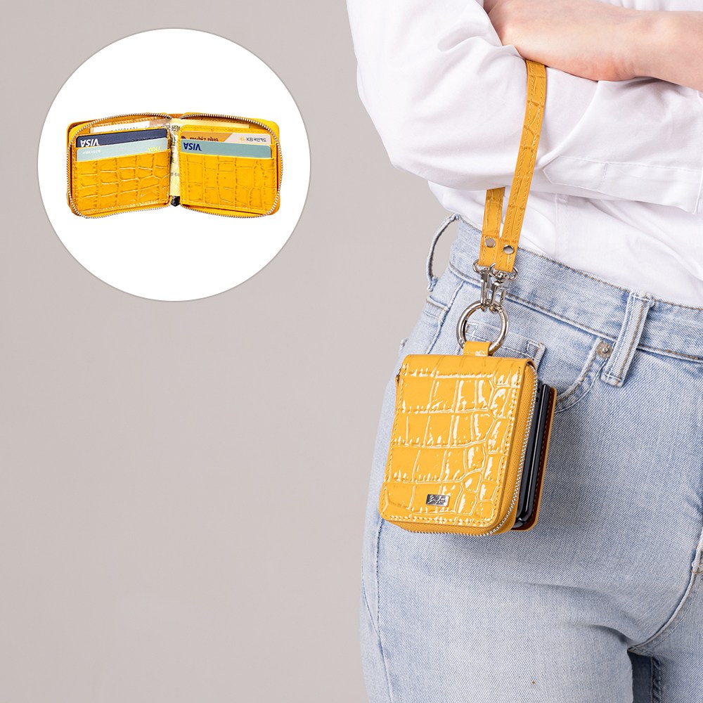 본아띠 천연소가죽 악어 돌체 지갑형 지퍼 힌지보호 갤럭시 Z플립 케이스+핸드 스트랩, 현재가 66,700원