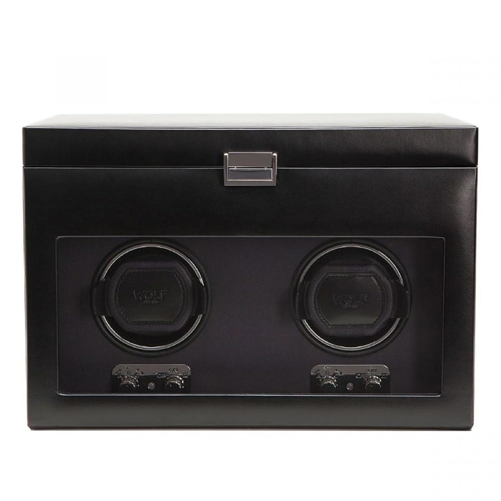 WOLF 헤리티지 더블 와인더(스토리지 포함), 블랙 - 특허받은 잠금식 다이내믹 커프로 안전한 착용감 더 크고 무거운 시계 가죽 및 유리 커버 범용 어댑터 포함 1,649,600원