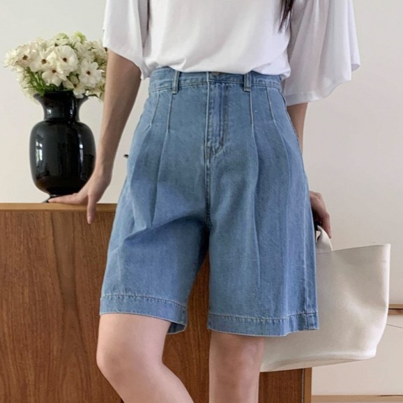 시크블랙 여성용 크루아 투핀턱 와이드 5부 데님 버뮤다 팬츠 cppt15090k54 37,110원