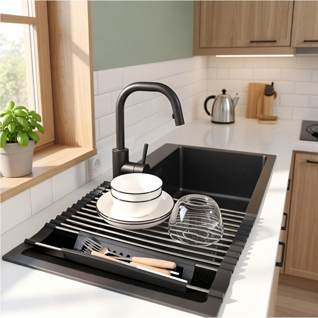 리딜 싱크대 건조대 접이식 물빠짐 매트 스테인리스 실리콘 컵 그릇 설거지 식기건조대, 1개, 블랙, 1단 11,000원