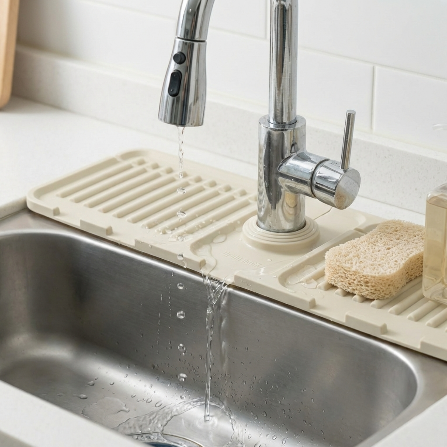 싱크대 세면대 실리콘 수도꼭지 물받이 자동 배수 물막이 거치대 44.5cm, 1개, 베이지 9,900원