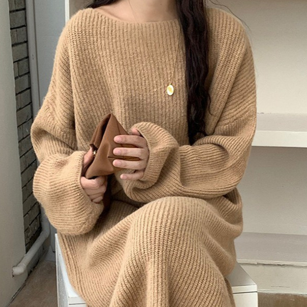 더시럽 여성용 라운드 루즈핏 롱 니트 골지 원피스 B 28,900원