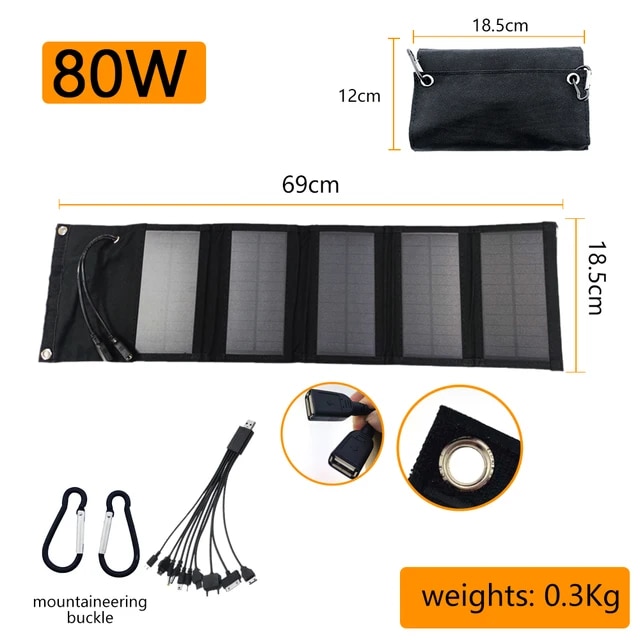 태양광 패널 접이식 태양 전지 USB 5V 태양열 충전기 휴대용 야외 전화 보조배터리 캠핑 하이킹용 케이블 100W 80W 60W 32,330원