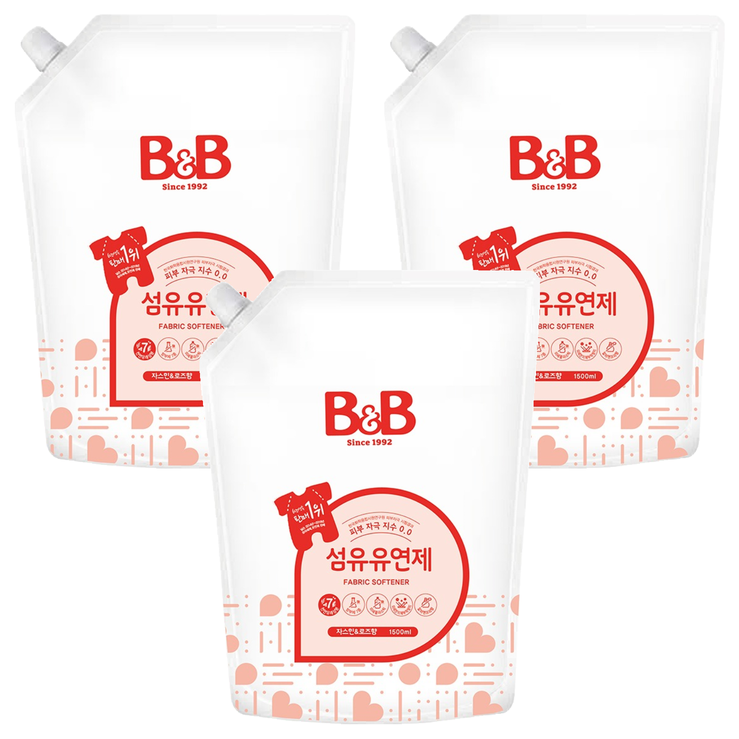 비앤비 비자극 유아 섬유유연제 자스민앤로즈향 리필형, 1.5L, 3개 18,630원