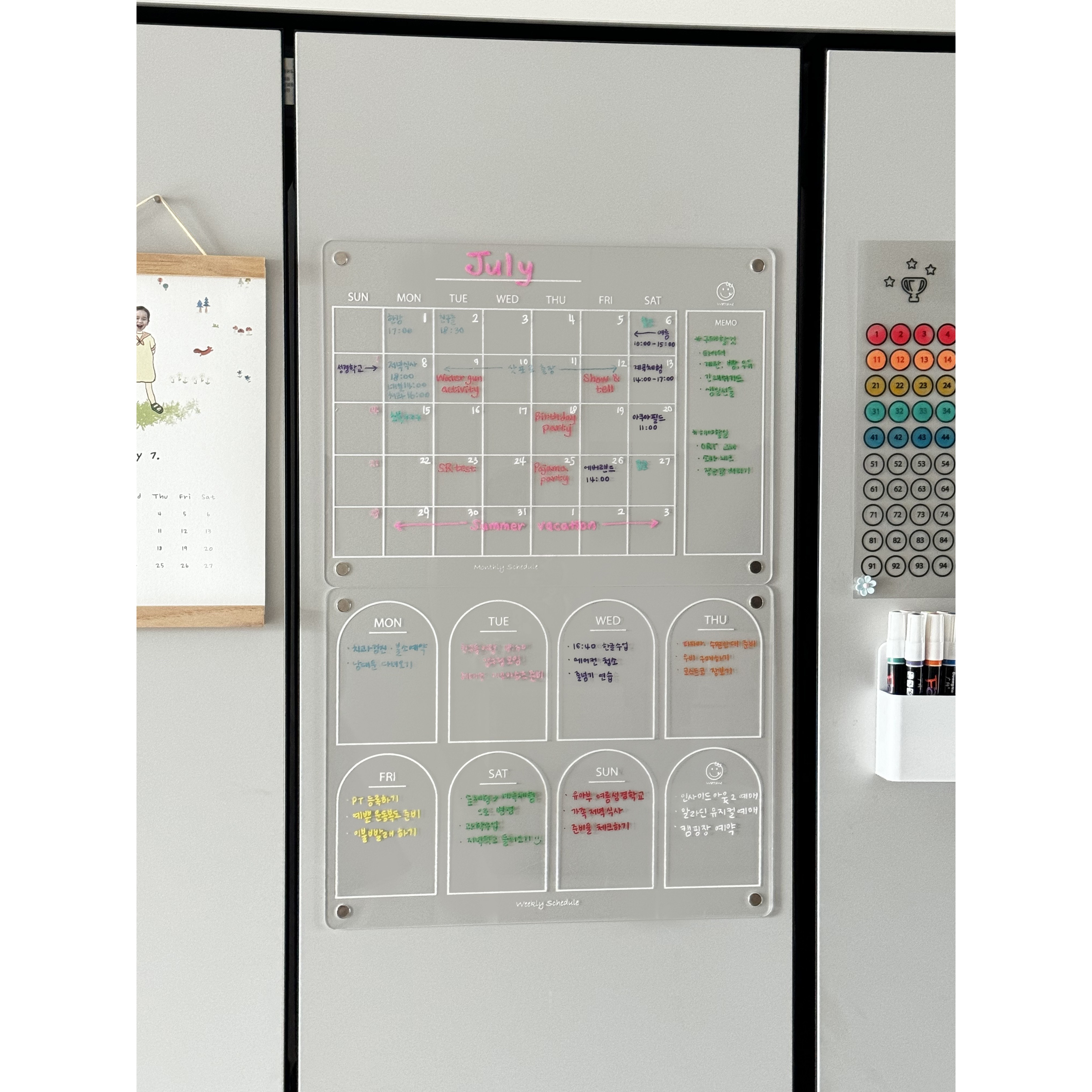 와따네 냉장고 투명 자석 메모 아크릴 화이트보드 달력 캘린더 계획표, 화이트라인(먼슬리/가로) 23,800원