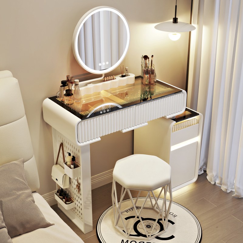 모던 LED 조명 화장대 수납 공간 서랍장 콘솔 확장형 화장대, 화이트(유리) + 의자(A) 332,000원