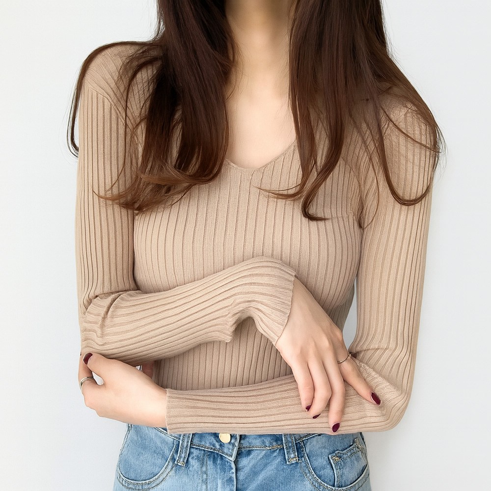 1+1 V 여성 브이넥 골지 니트 티셔츠 봄가을 슬림핏 긴팔 이너 24,900원