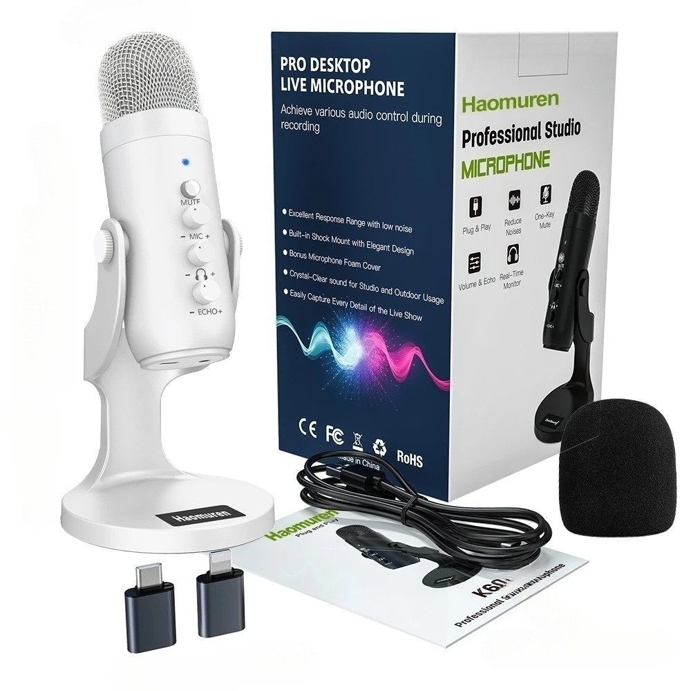 Zealsound K66-W 화이트 USB 콘덴서 마이크 / PC·PS5·스마트폰 호환 / 실시간 모니터링·음소거·에코조절 / 스트리밍·녹음용 스탠드 포함 32,900원