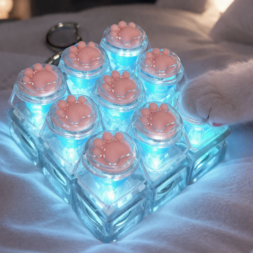 키캡하우스 LED 고양이 발바닥 키캡 키링 딸깍이 피젯토이, 1개, 투명 9구 14,000원