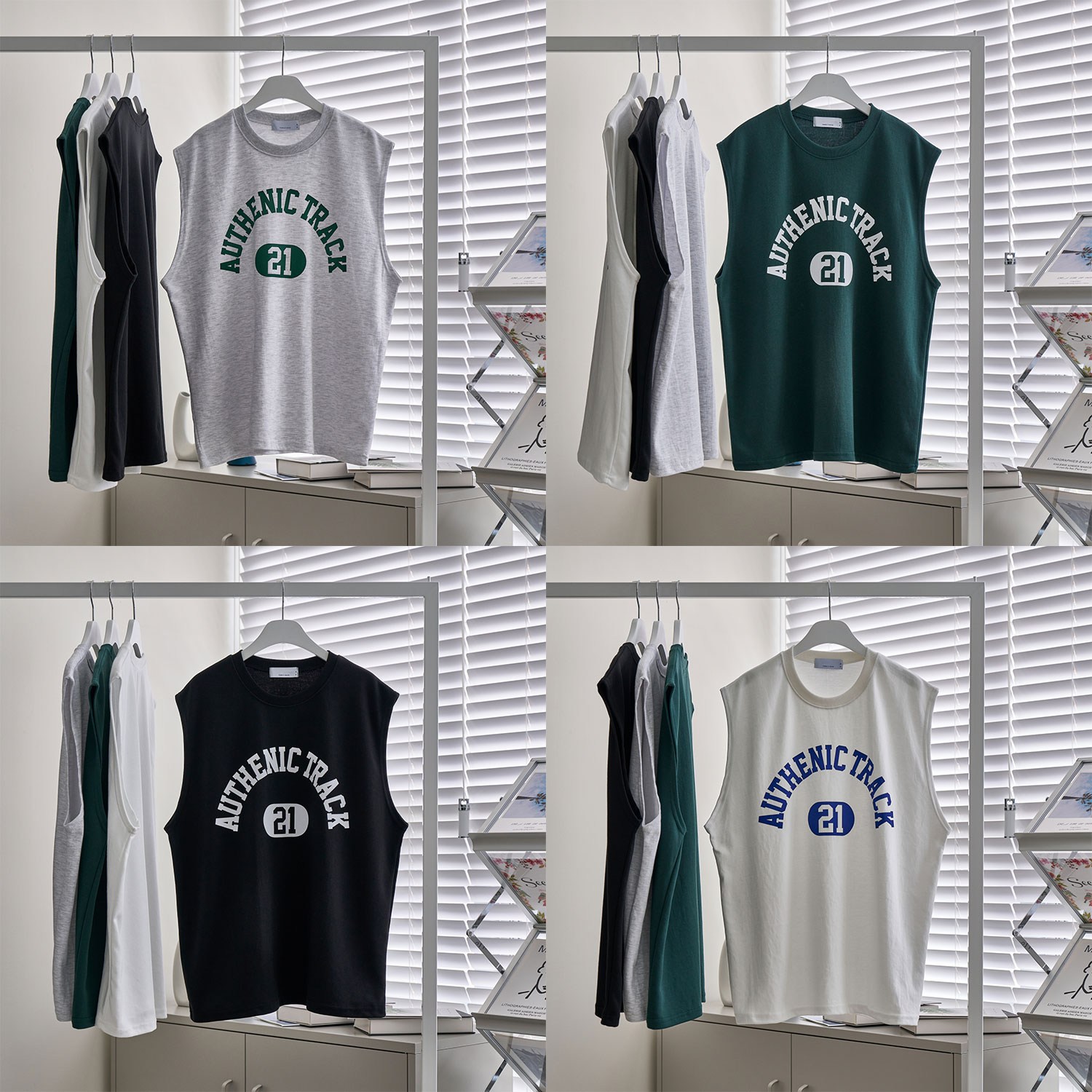 더베이직샵 트랙 여행 휴가 바캉스 짐웨어 프린팅 특양면 오버핏 민소매 나시티 4컬러 19,800원