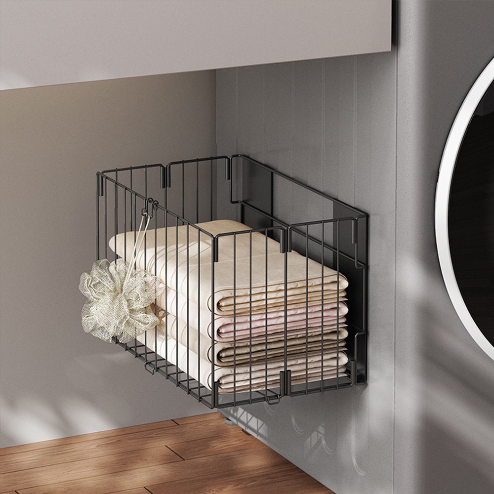 무타공 마그네틱 철제 다용도 수납바구니 세탁실 주방 욕실 선반 빨래바구니, 블랙 21,900원
