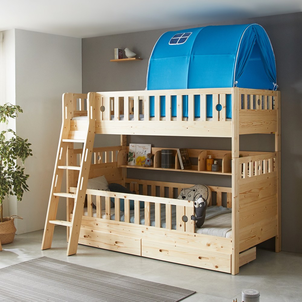 파로마 블랑 원목 분리형 이층침대 경사형 서랍 책장 텐트_메모리폼매트리스 포함, 내추럴 889,000원