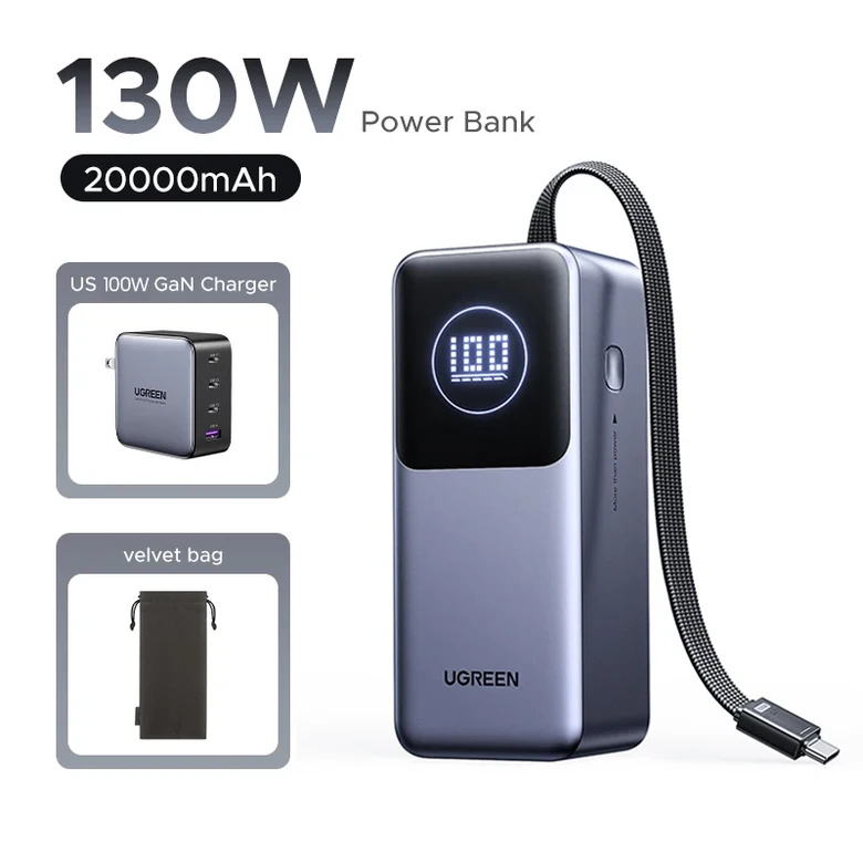 UGREEN Nexode 130W 20000mAh 보조배터리 내장 타입 C 케이블 100W 휴대용 배터리 외장 파워뱅크 노트북 고 162,700원