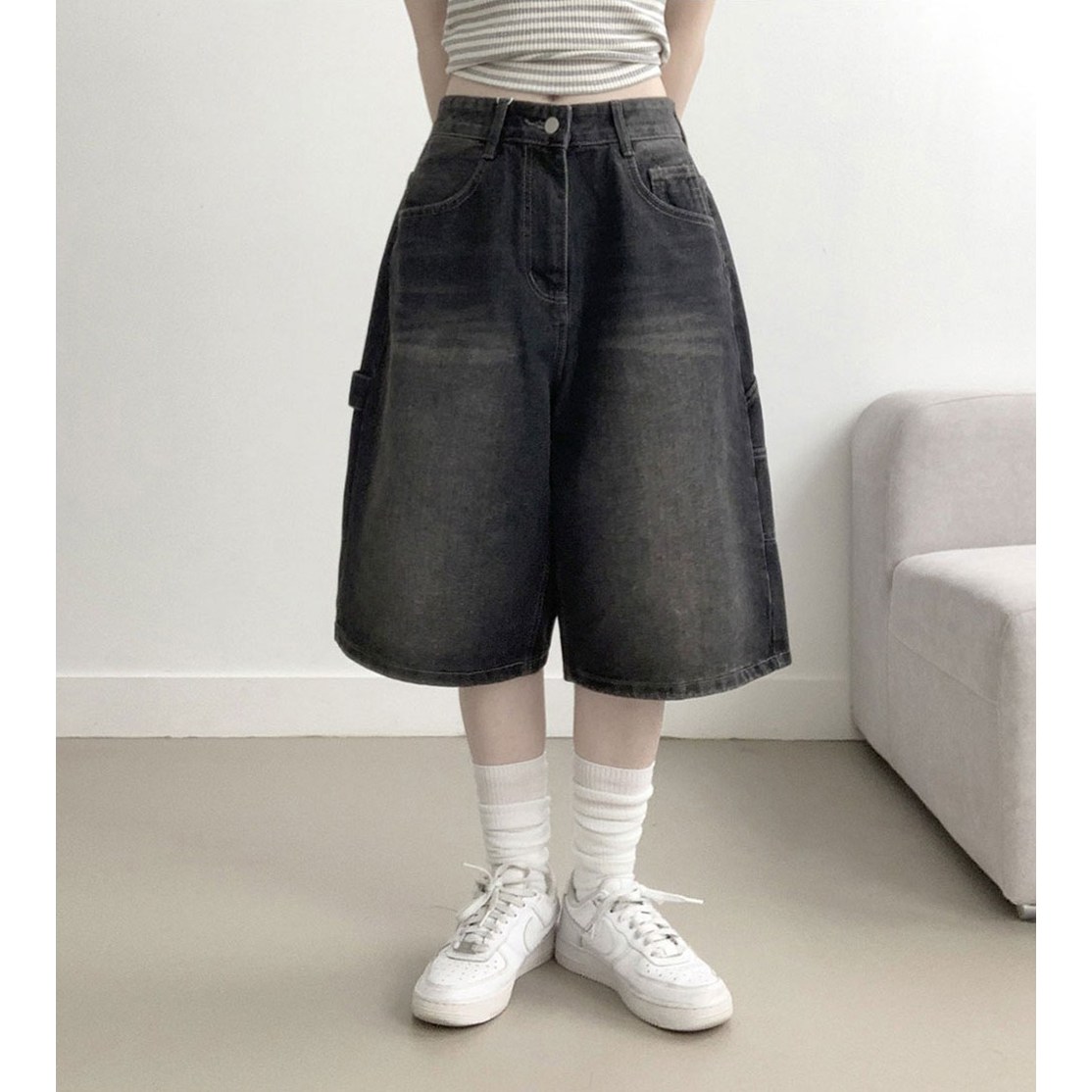 부기샵 패시 캣워싱 사이드 카펜더 데님 와이드 버뮤다 팬츠 26,800원