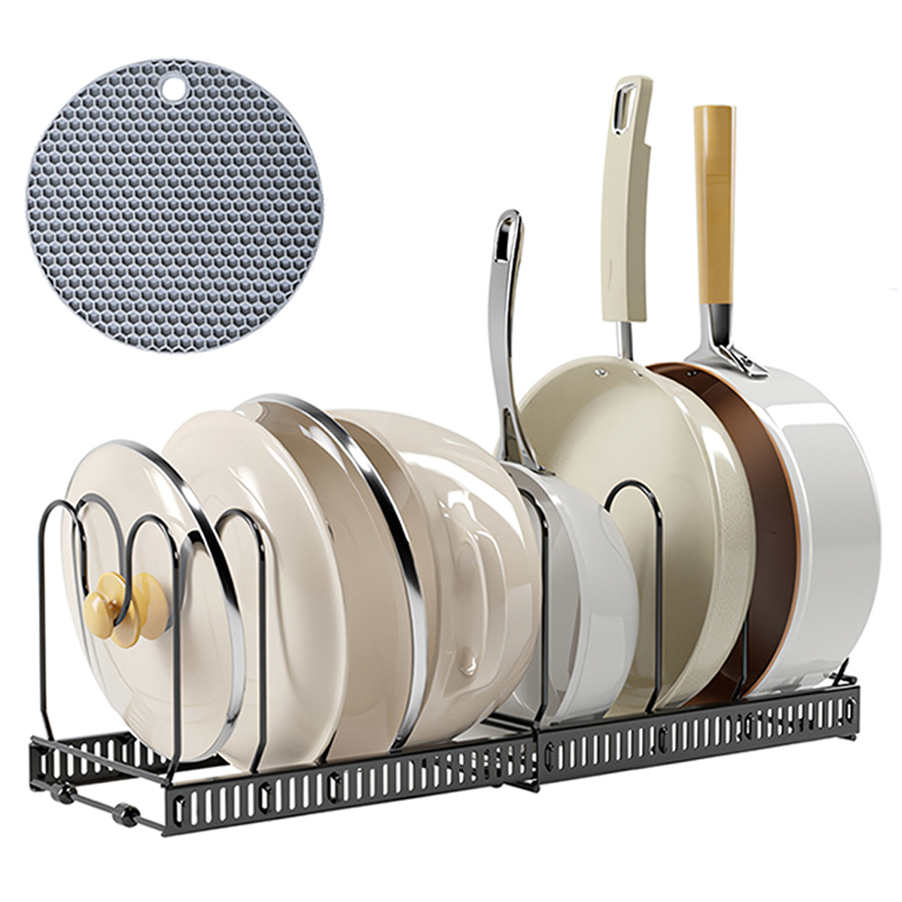 엠디유마켓 길이 조절 후라이팬 정리대 + 냄비받침대 세트, 현재가 9,800원