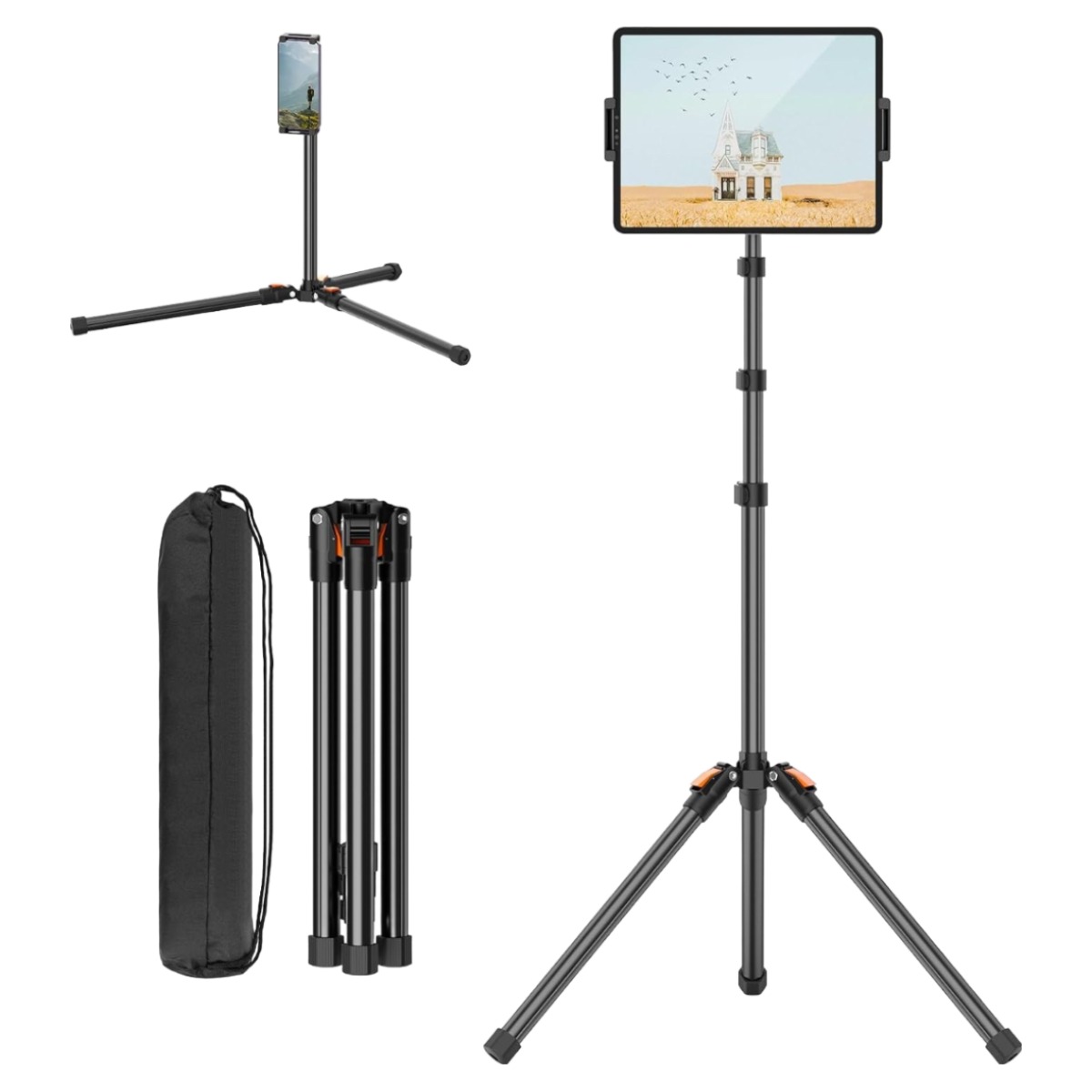 180cm 높이조절 접이식 태블릿 삼각대 + 360도 회전 클램프, 13인치 아이패드 갤럭시탭 호환, 파우치 포함 장대형 스탠드 35,910원