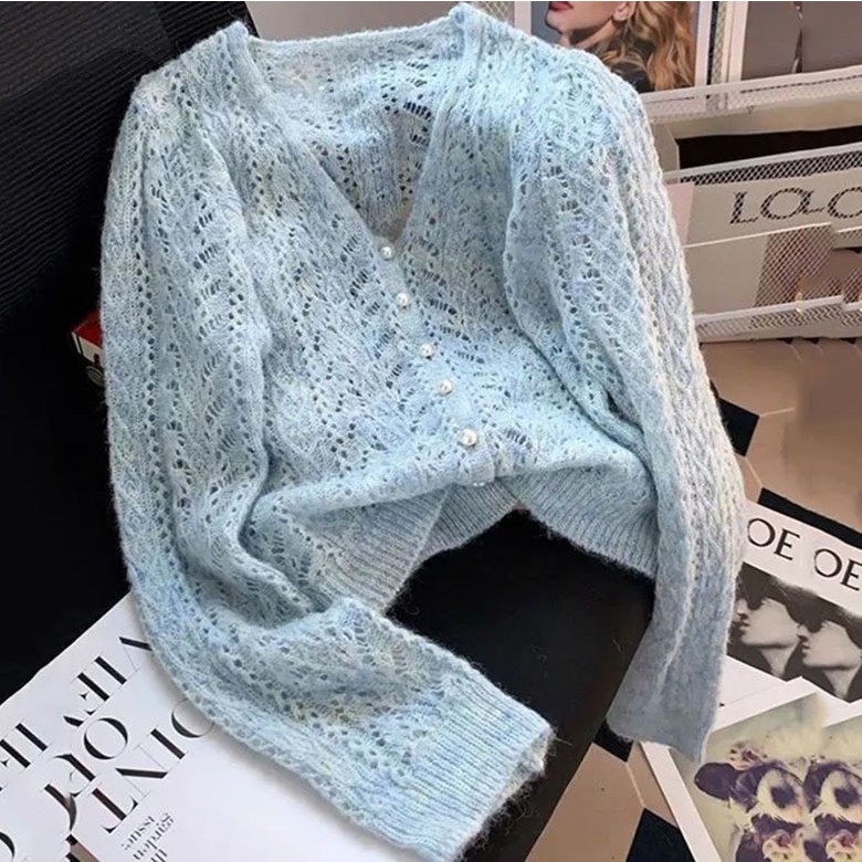 FANSYLI 여성 카디건 봄여름 얇은 니트 패션 숏 브이넥 펀칭 카디건 심플 루즈핏 에어컨 재킷 자외선 차단 재킷 XR2512D30 21,630원