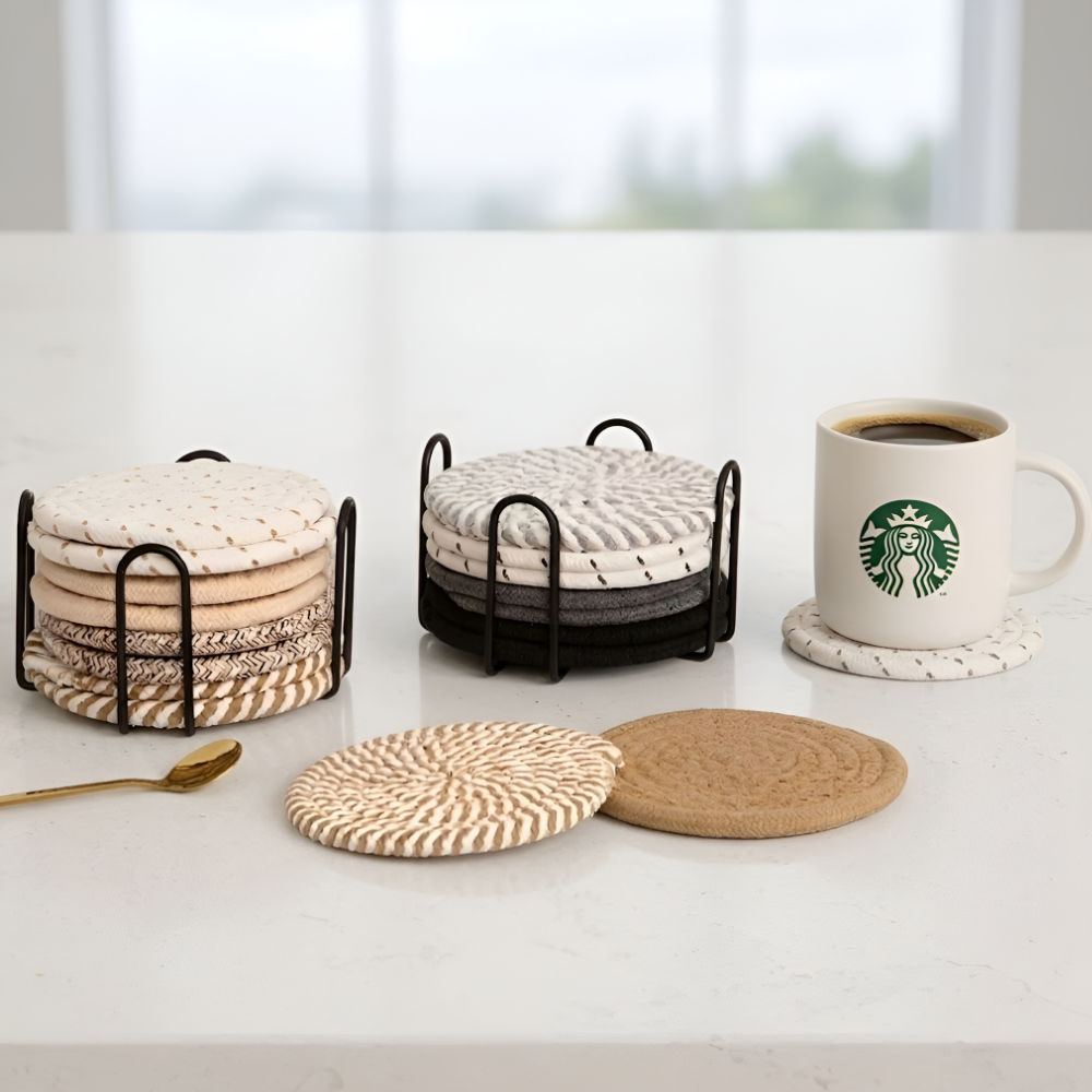 유즈나인 내추럴 코튼 코스터 컵 냄비 받침 8P + 메탈 보관 홀더 세트, 1개, 브라운 스트라이프 12,900원