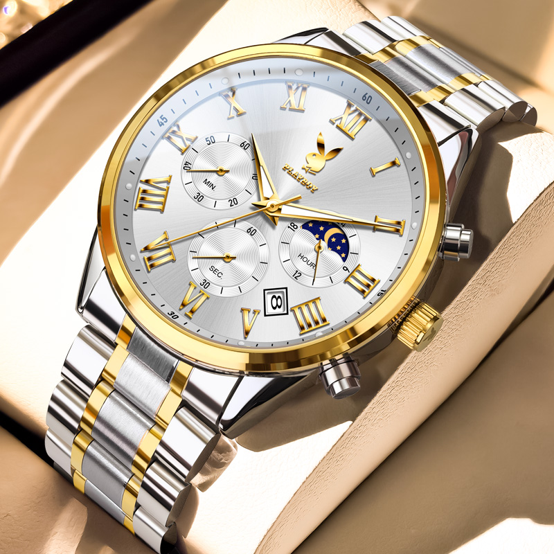 PLAYBOY 플레이보이 명품 남성 크로노그래프 손목시계 비즈니스 메탈 스트랩 방수 쿼츠 시계 76,400원