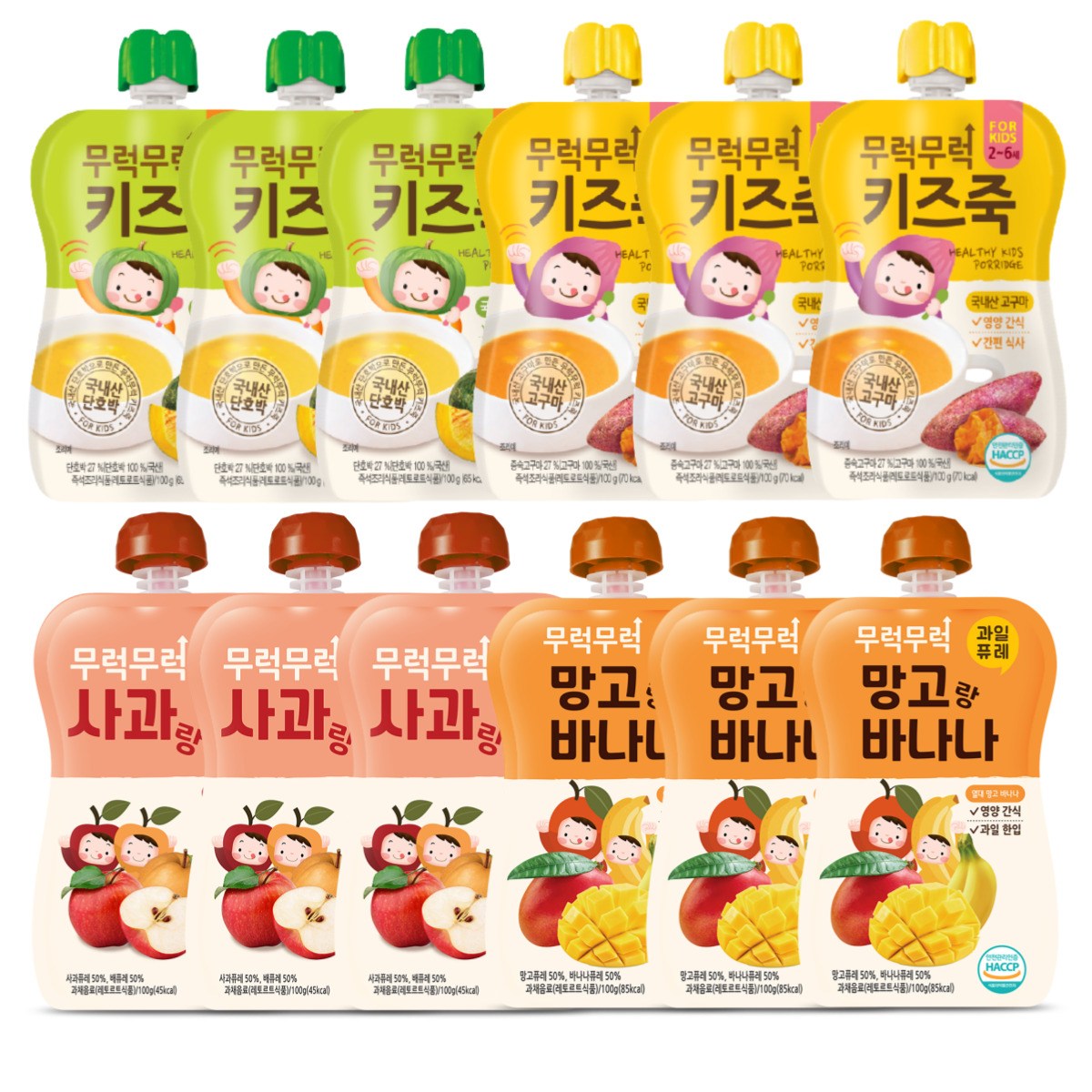 무럭무럭 키즈죽,과일퓨레 알뜰 12팩(단호박,고구마,사과배,망고바나나 각 3팩), 110g 25,800원