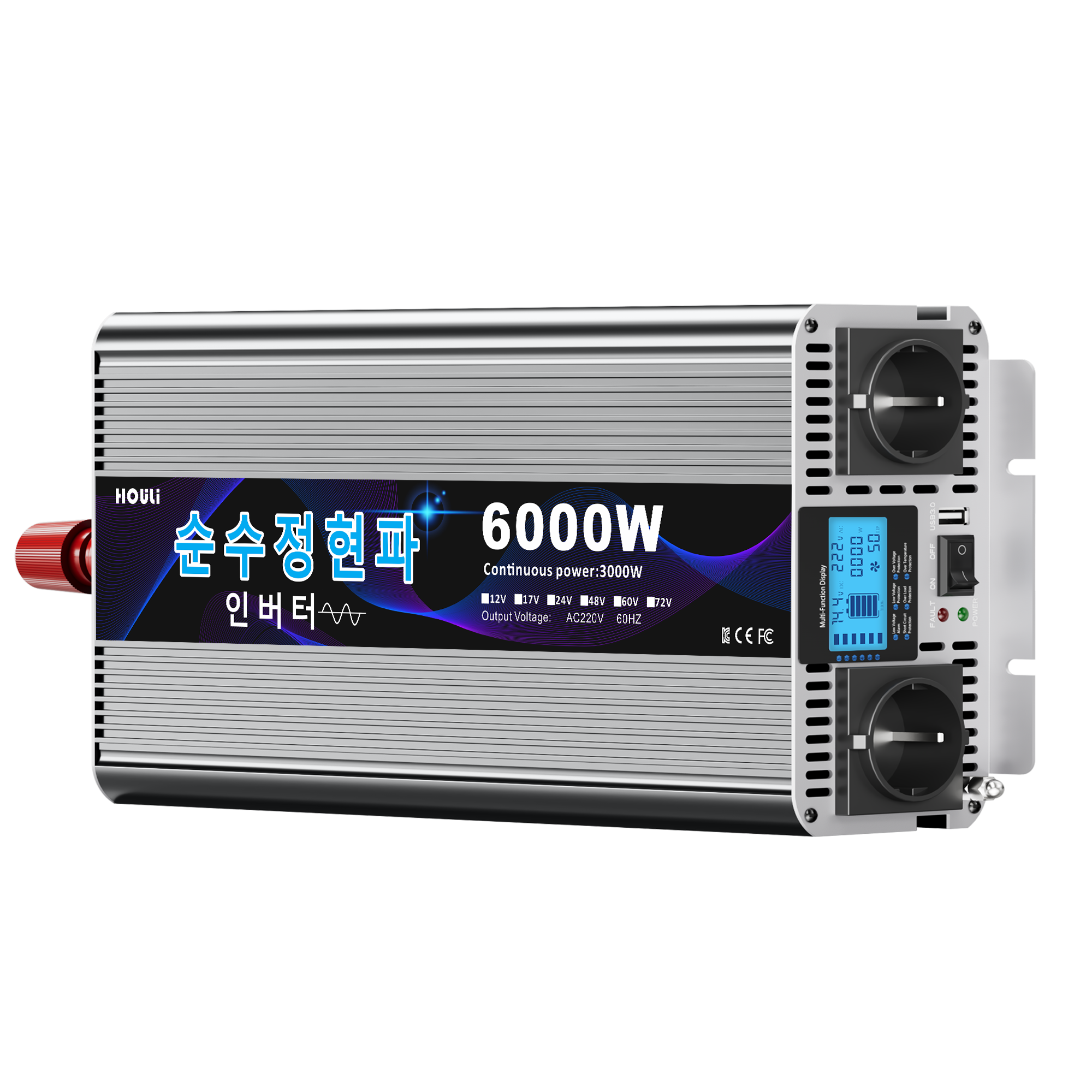 인버터 순수 정현파 피크 전력 6000W-12V 차량용 캠핑용 2구 AC+USB+무선리모컨 LCD과열/과부하/단락 다중보호 초저소음 휴대용 [당일출고] HOULI, 1개 222,230원
