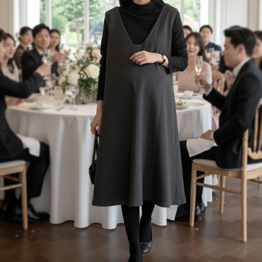 [당일출고] 수엠W 백화점 퀄리티 임산부 하객룩 원피스 레이어드 모직 V넥 하객원피스 B083 모던레이어드원피스 42,470원