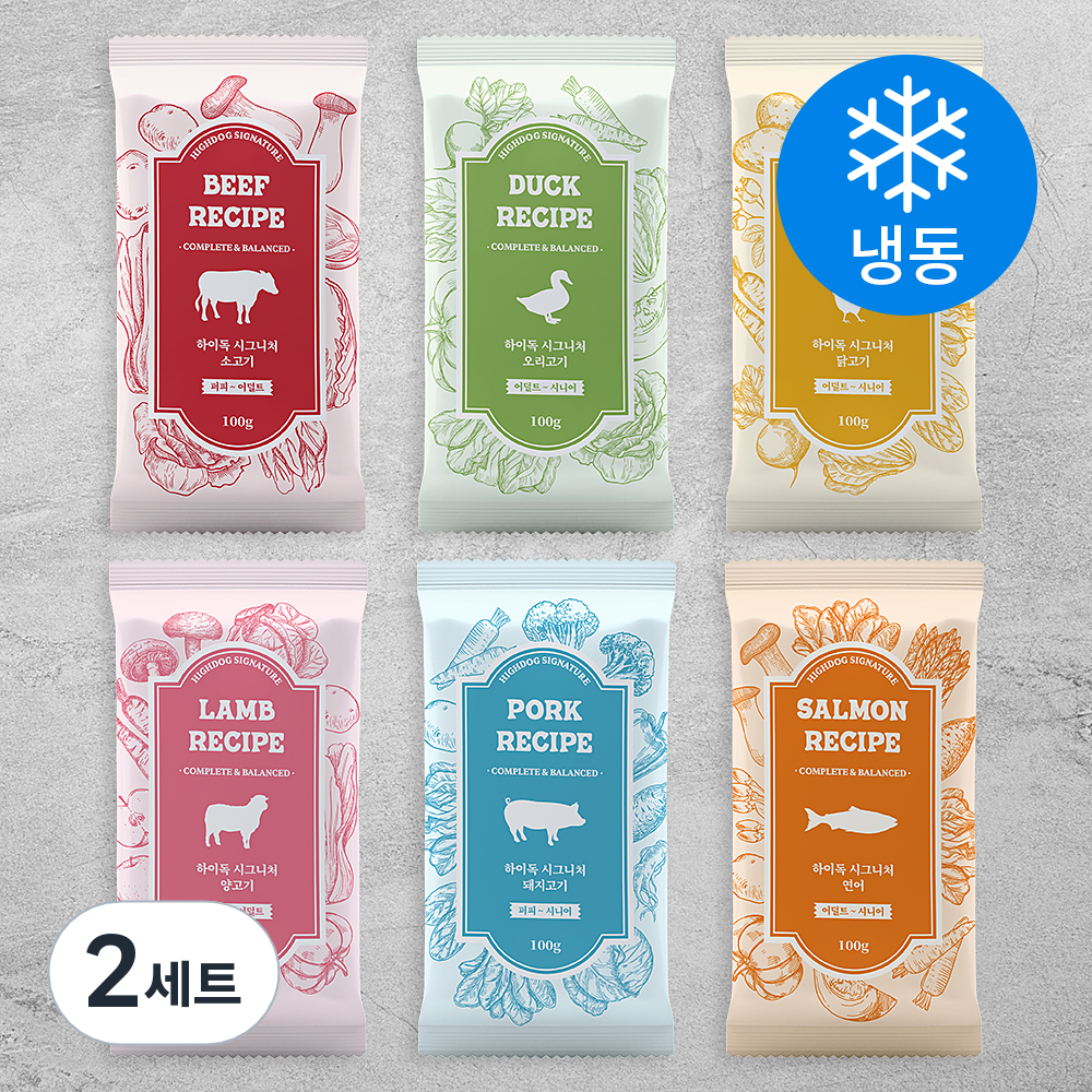 [로켓프레시] 하이독 강아지 시그니처 냉동 화식 6종 세트, 소고기 + 오리고기 + 닭고기 + 양고기 + 돼지고기 + 연어, 2세트 45,800원