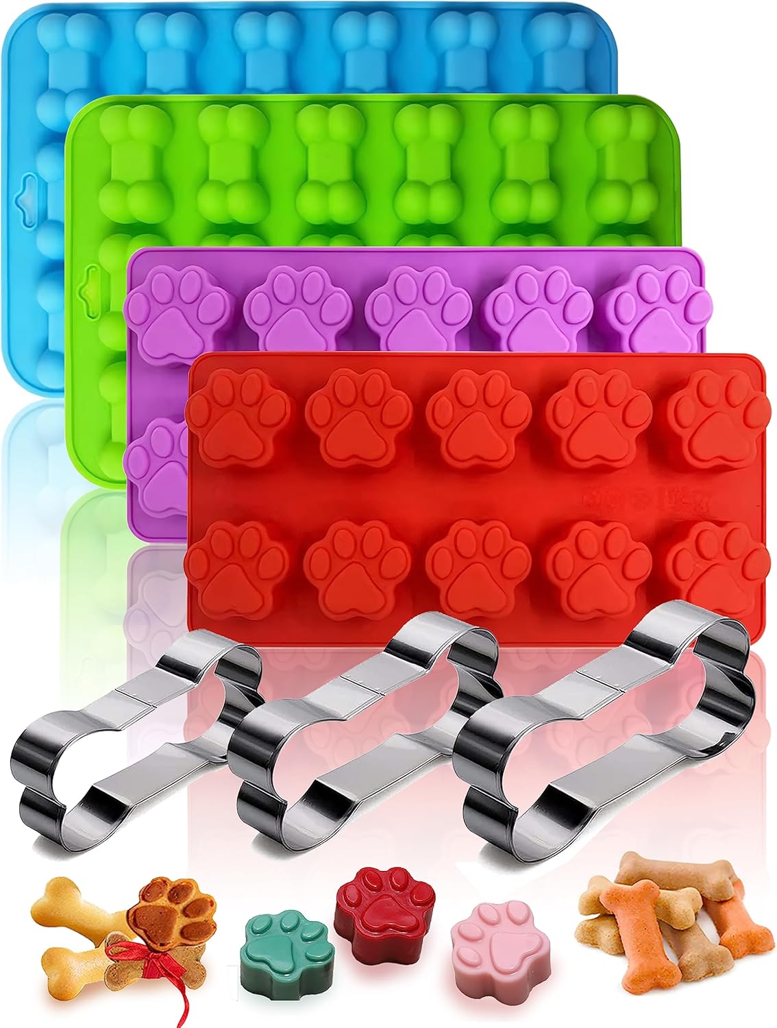 홈메이드 간식과 고양이 동물 발 스 캔디 초콜릿 베이킹 몰드를 위한 4 조각 실리콘 몰드 강아지 & 뼈 모양 및 스테인리스 스틸 쿠키 커터 3개 세트. 29,110원