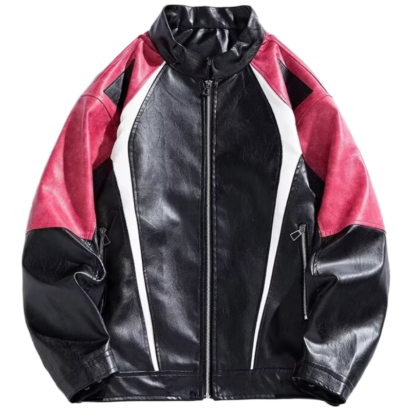 빨간색 오토바이 가죽 재킷 남성용 봄가을 스타일 루즈핏 배색 지퍼 카디건 미국식 복고풍 가죽 재킷 27,030원