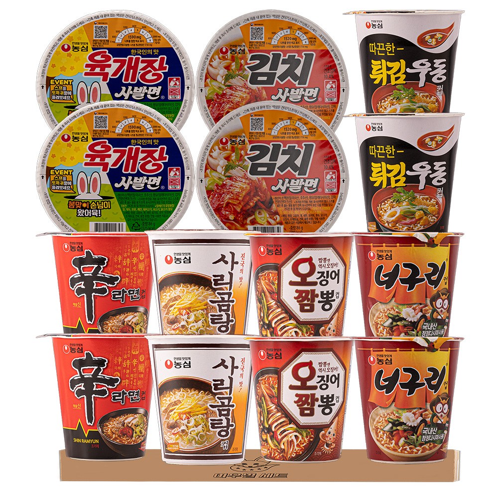 농심 소컵라면 7종 각2개씩 (육개장 김치사발면 튀김우동 신라면 사리곰탕 오징어짬뽕 너구리) 38,440원
