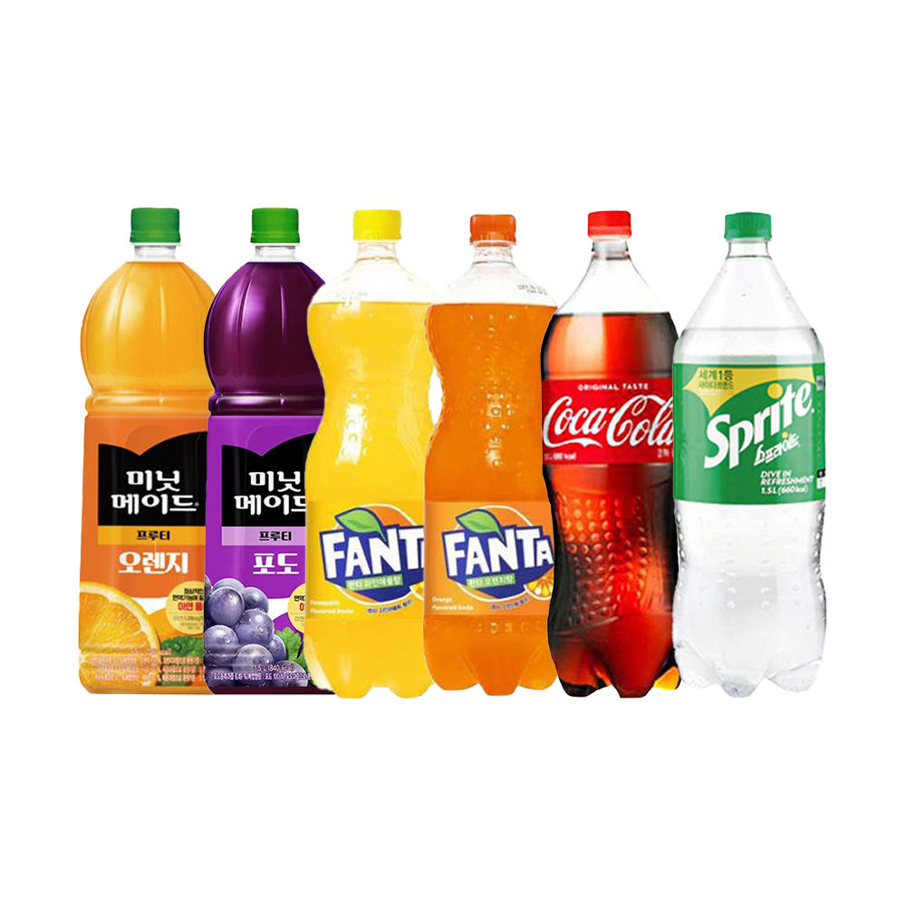 [드링킹] 코카콜라+환타오렌지+환타파인애플+스프라이트+미닛메이드 프루티 오렌지+프루티 포도 1.5L 1개씩 (총) 6개 17,900원