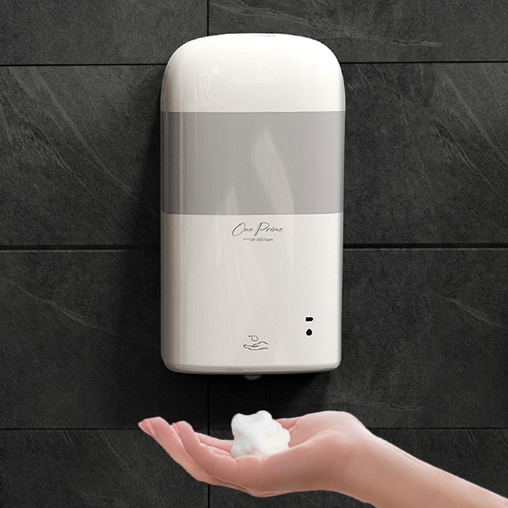 원프라임 자동 손세정기 거품 비누 디스펜서 핸드워시 손세정제 욕실 주방 벽걸이형 800ml 대용량 OP-308, 1개, 화이트+라이트그레이 49,550원