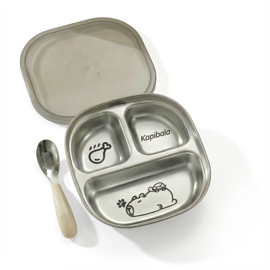 316스테인리스 간식식판 3구 PP뚜껑 스푼포함 10,900원