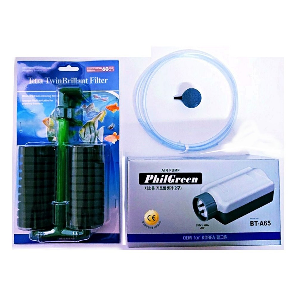 Tetra 쌍기 스펀지여과기 60L (독일회사) + 필그린 저소음 기포발생기 2구 BT-A65 + 콩돌 + 호스2m 기본세트, 4W, 1개, 현재가 42,000원