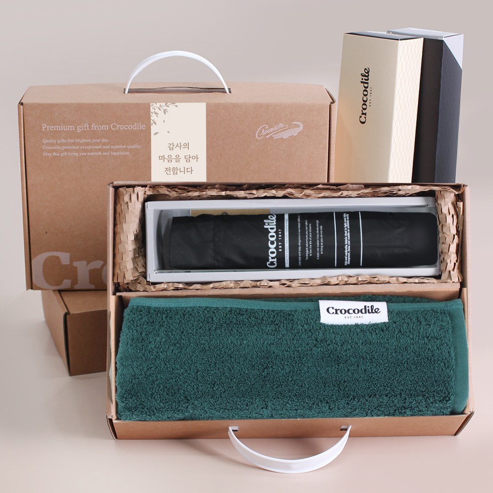 크로커다일 프리미엄 카본우산 타올 감사 선물 답례품 세트, 10세트, 블랙우산L+그린타올 355,300원