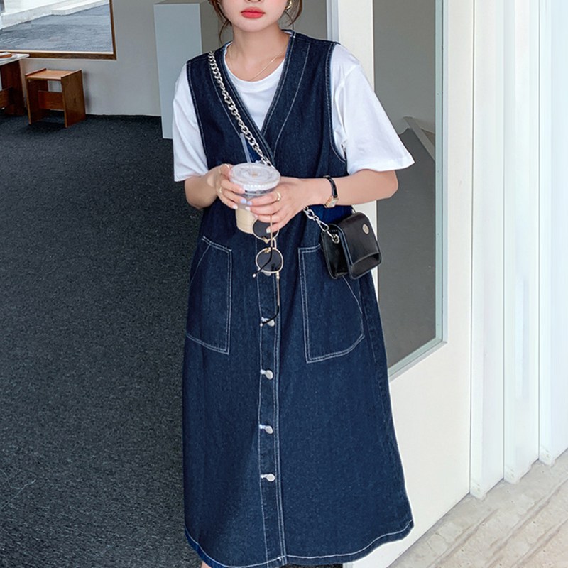 레트로 스타일 프리미엄 데님 베스트 원피스 비보뉴 29,800원