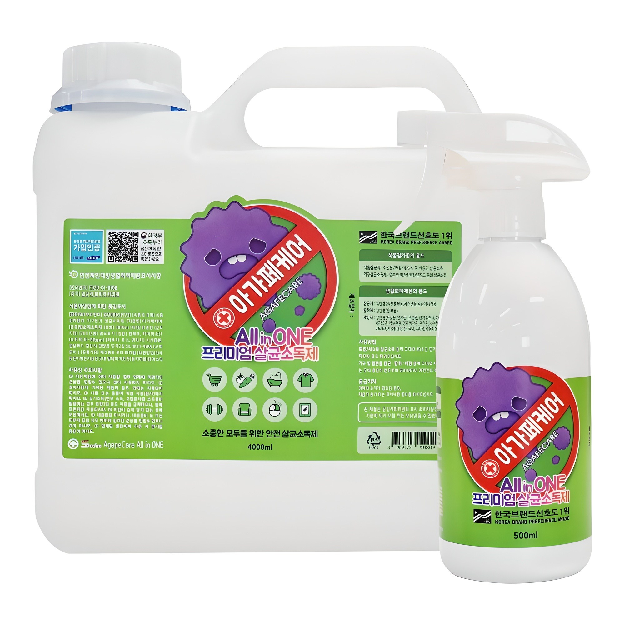 아가페케어 뿌리는 살균소독제 4000ml + 500ml 세트, 1세트, 500ml 15,000원