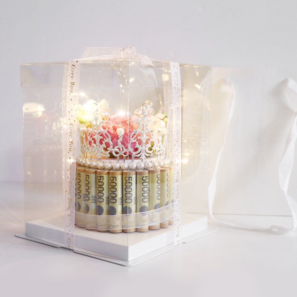 용돈박스 비누꽃 생신 생일 용돈 (왕관돈케이크 + 전용쇼핑백 + 페이크머니 + LED전구), 1개, 핑크 27,900원