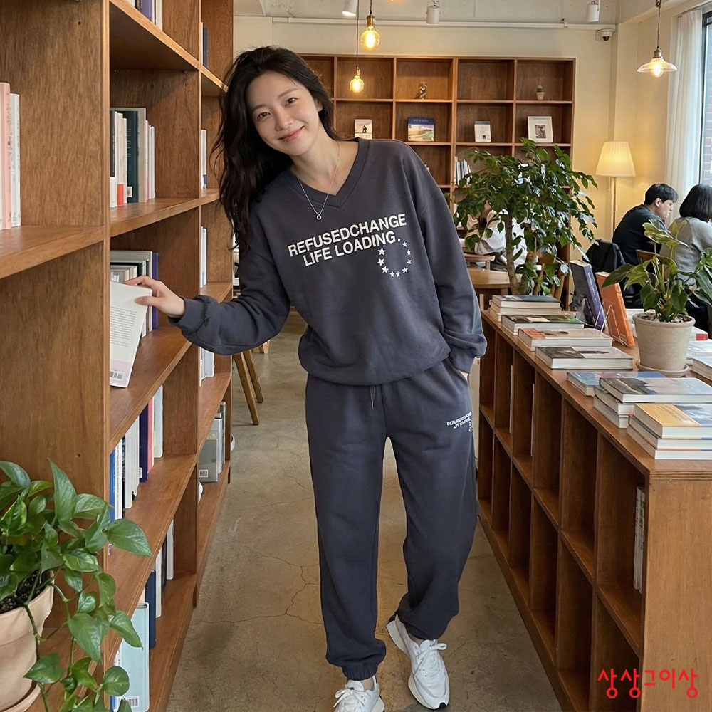 상상그이상 여성용 국내제작 브이넥 맨투맨 조거팬츠 트레이닝세트 밴딩팬츠 부드러운 소재 여자 츄리닝 간절기 셋업 꾸안꾸 세트 57,100원