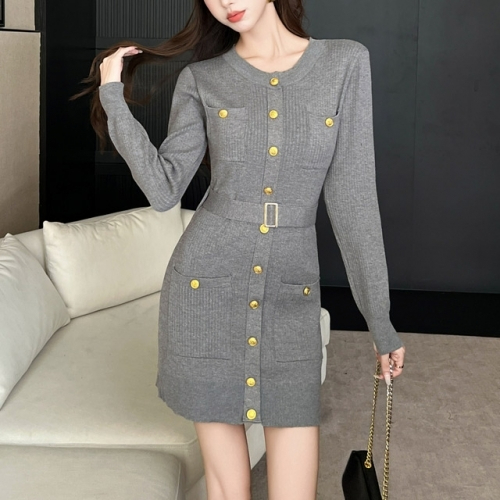 슬림핏 골지 니트 원피스 / 금장버튼 벨트 여성 미니원피스 46,800원