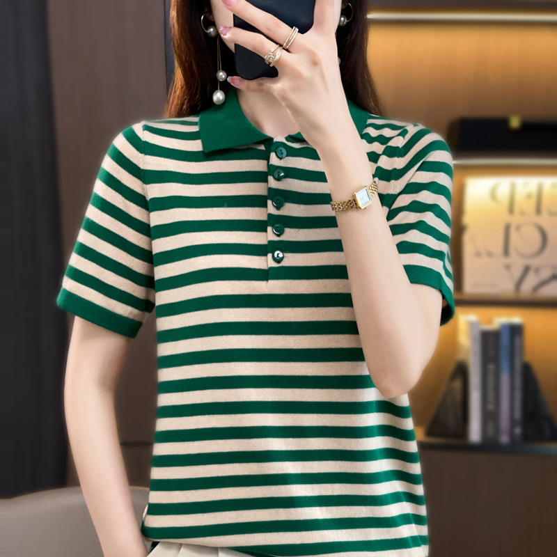 엘에프제트 여성 버튼넥 스트라이프 반팔티셔츠 순면 배색 카라 니트티 4컬러 QH-33 23,900원