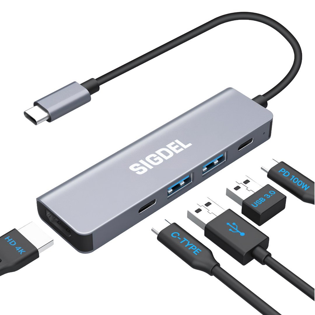 시그델 5in1 USB 3.0 C타입 겸용 멀티 허브 5포트 USB*2 C타입*2 4K HDMI PD100W 젠더 C to USB 노트북 컴퓨터 모니터 확장 포트 UH-07, 1개, 메탈실버 23,900원