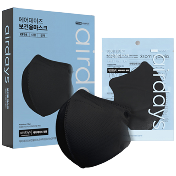 에어데이즈 보건용 숨쉬기편한 KF94 새부리형 마스크 대형 블랙 50매, 검정, 5개, 10매입 21,500원