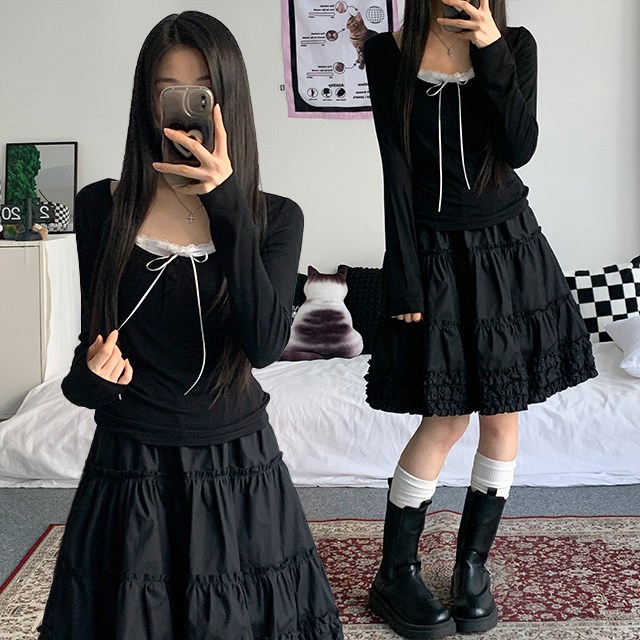 [여리공주/2col] 비비 일체형 레이어드 리본 레이스 티셔츠 17,400원