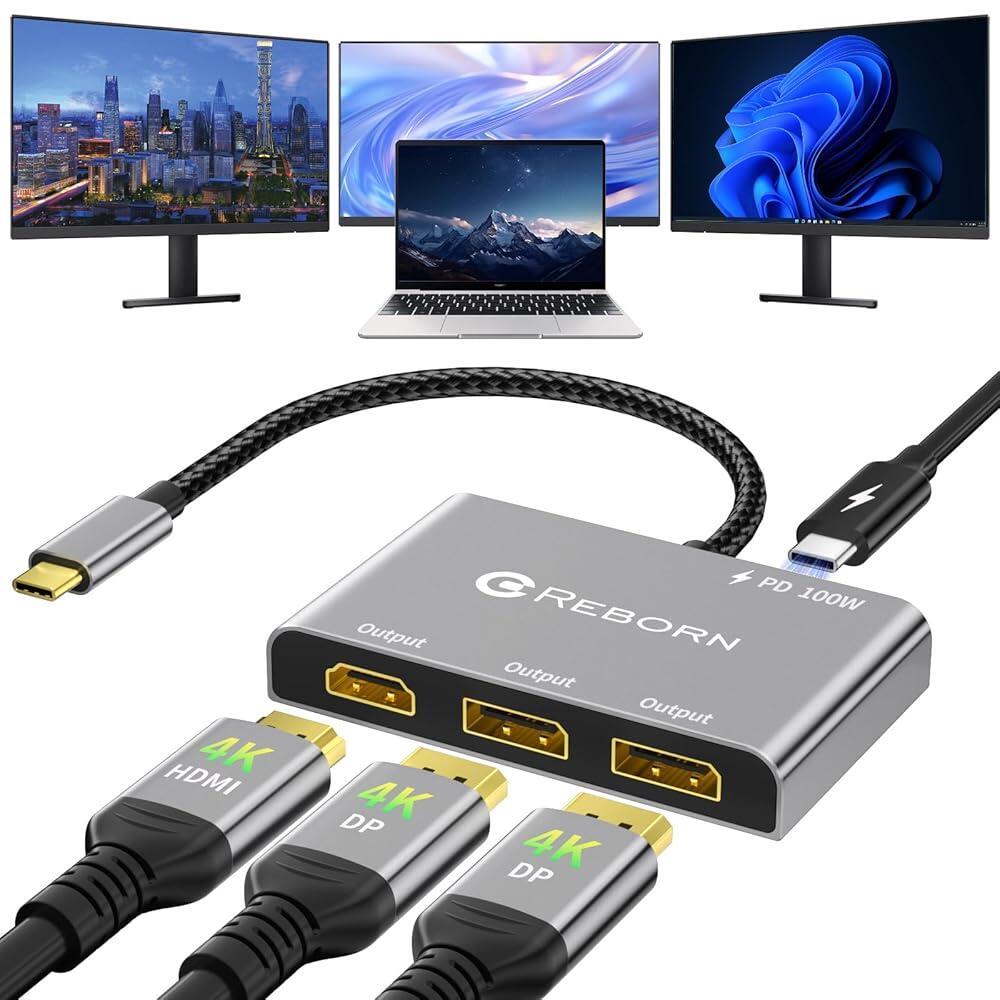 Reborn USB-C to 듀얼 디스플레이 포트 어댑터 및 HDMI 1개, 100W PD 포함, 4K@60Hz USB 타입-C 1 in 3 아웃 스플리터, 디스플레이 포트 스 108,500원