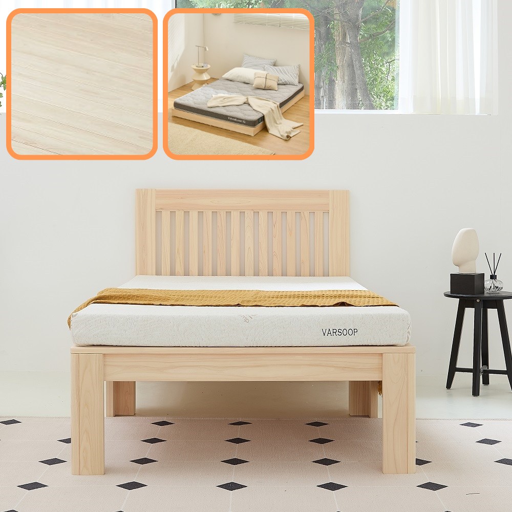 바르숲 무절 도담+벨벳럭스 편백나무침대 통원목 평상형 침대프레임 토퍼매트리스, 베이지 935,000원